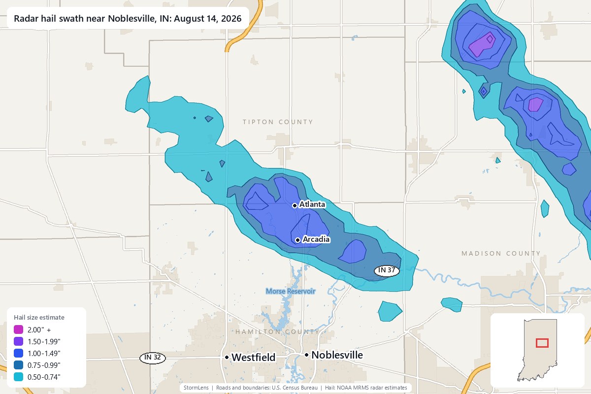 Radar-estimated hail swath near Noblesville, IN on August 14, 2026; colors show estimated hail sizes