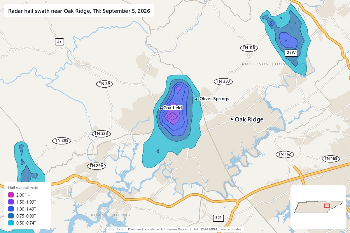 Radar-estimated hail swath near Oak Ridge, TN on September 5, 2026; colors show estimated hail sizes