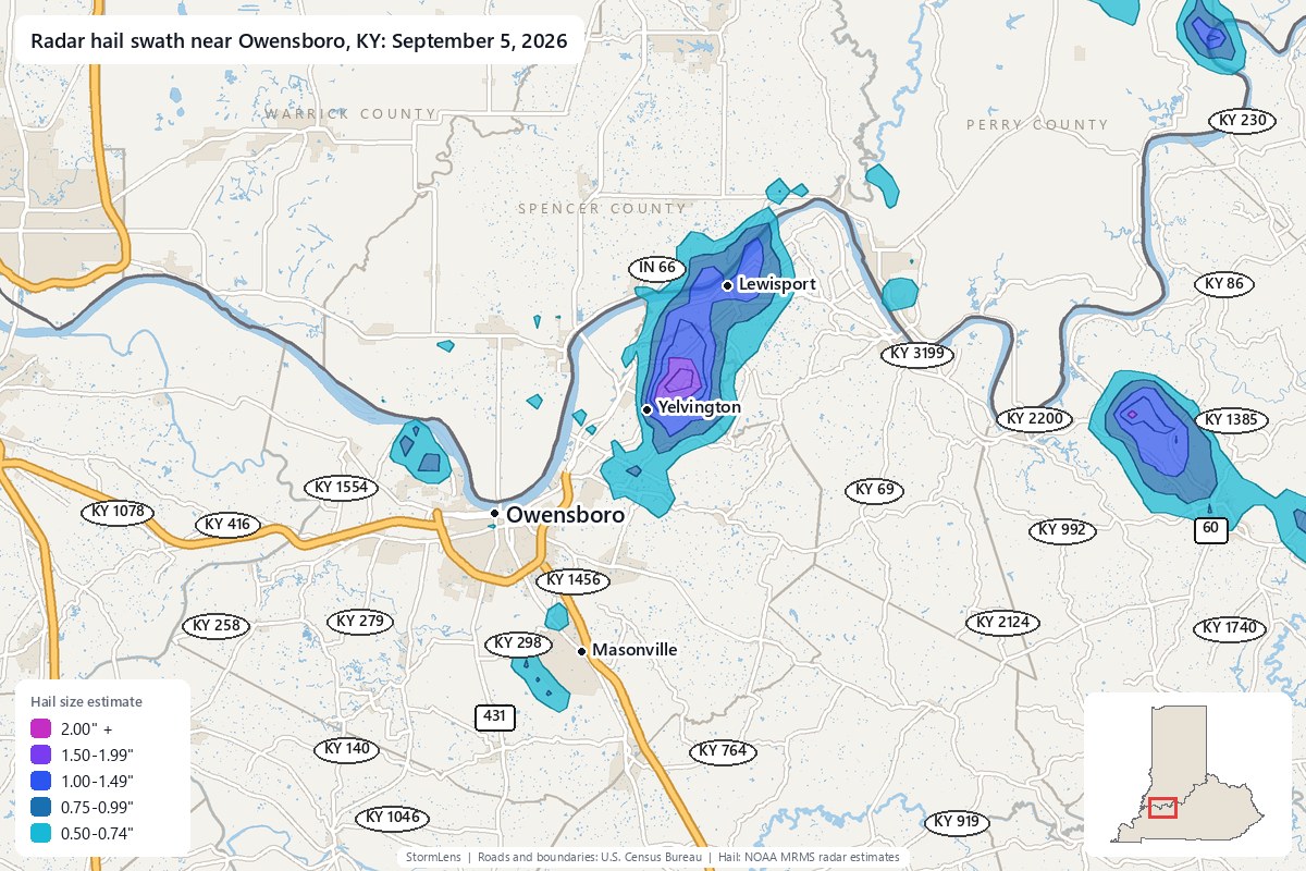 Radar-estimated hail swath near Owensboro, KY on September 5, 2026; colors show estimated hail sizes