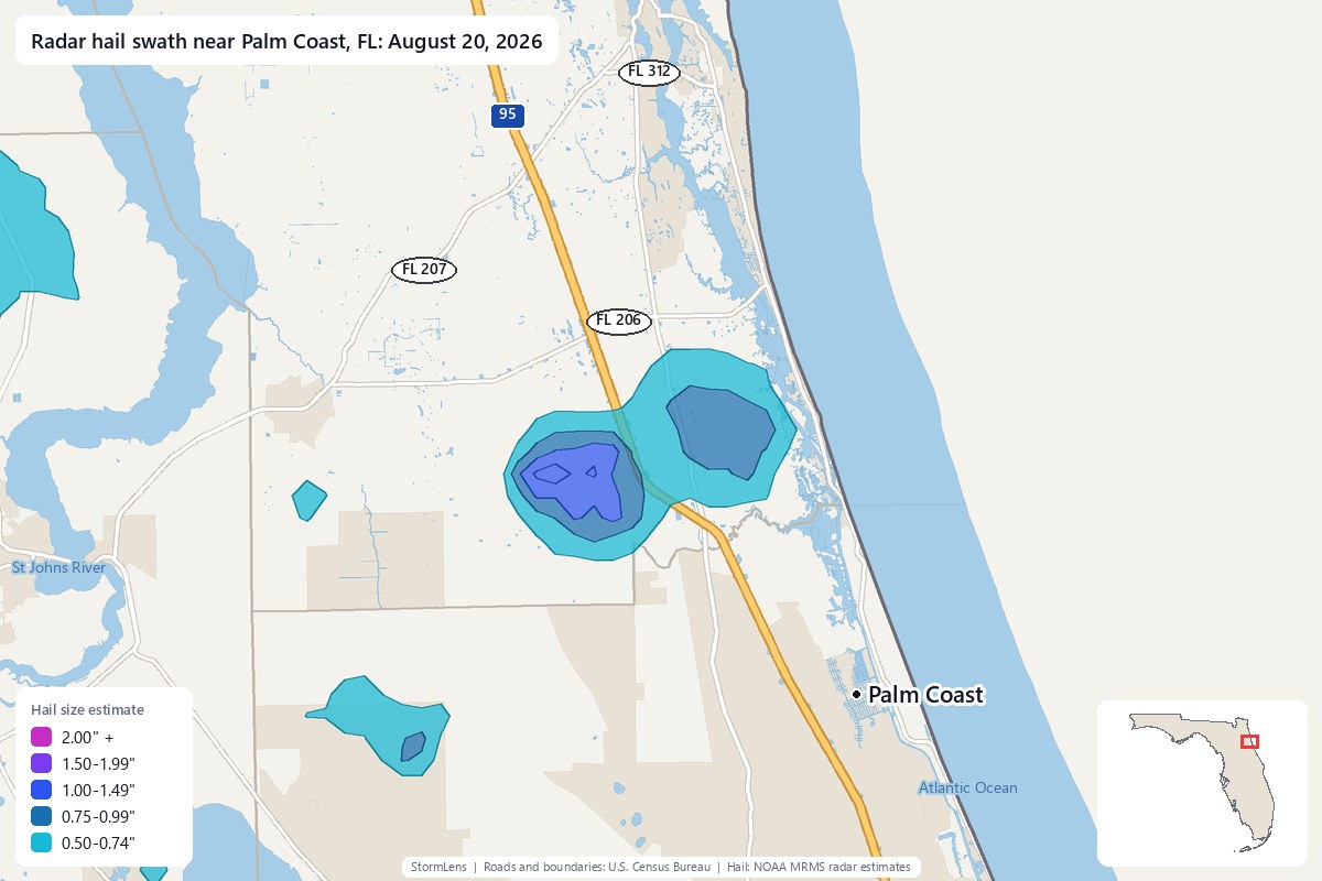 Radar-estimated hail swath near Palm Coast, FL on August 20, 2026; colors show estimated hail sizes