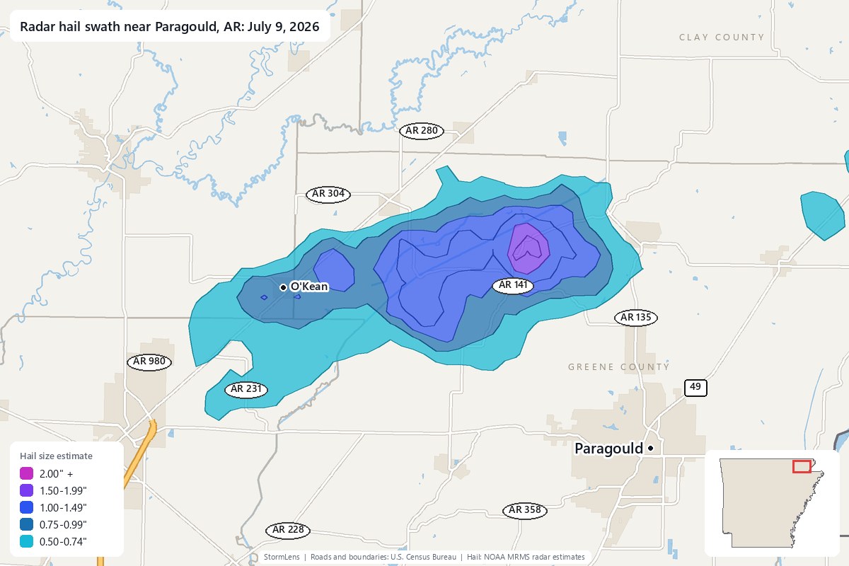 Radar-estimated hail swath near Paragould, AR on July 9, 2026; colors show estimated hail sizes