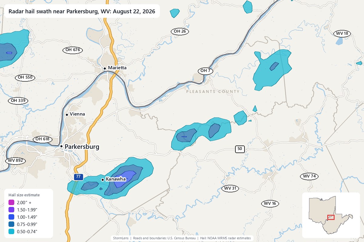 Radar-estimated hail swath near Parkersburg, WV on August 22, 2026; colors show estimated hail sizes