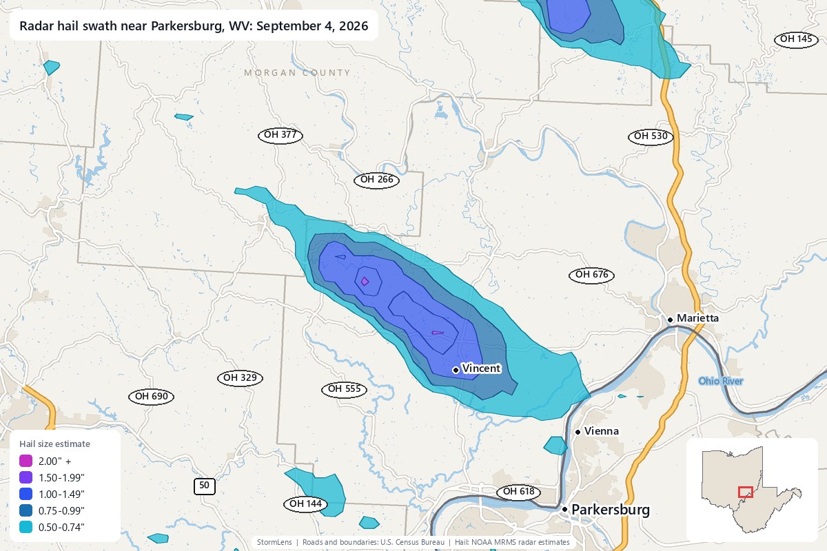 Radar-estimated hail swath near Parkersburg, WV on September 4, 2026; colors show estimated hail sizes
