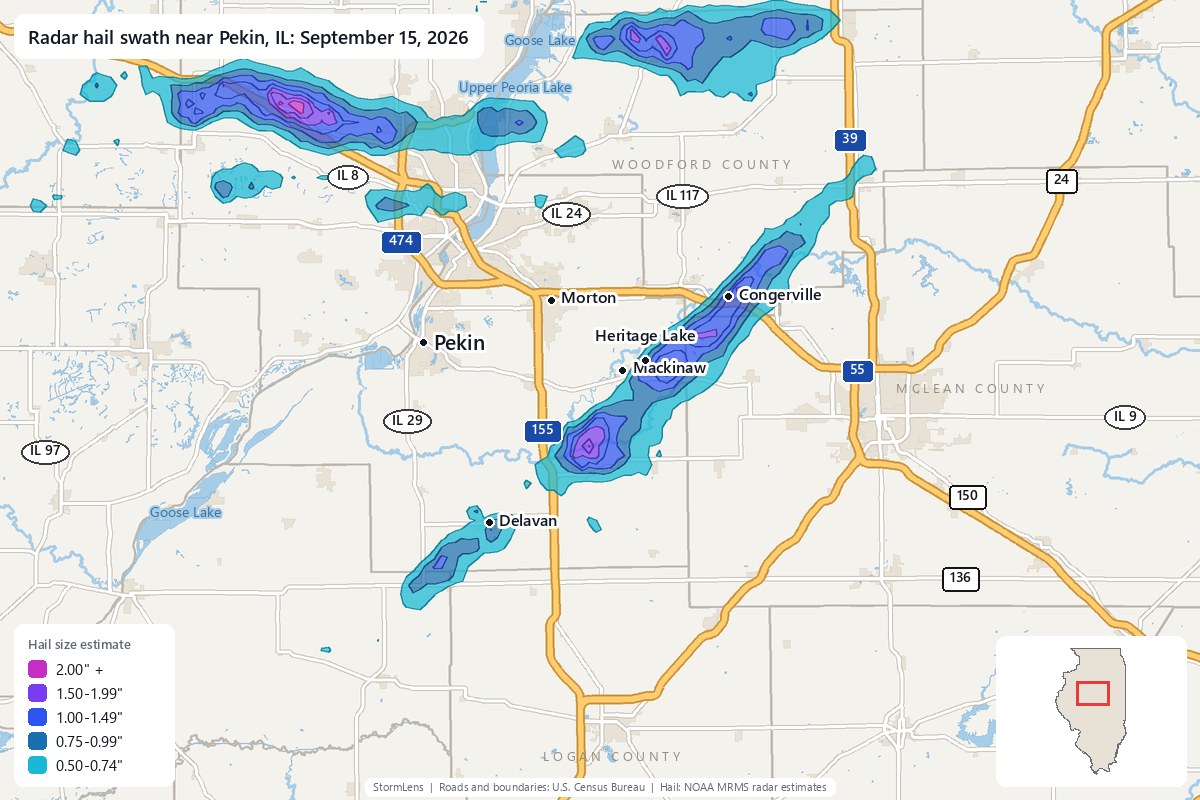 Radar-estimated hail swath near Pekin, IL on September 15, 2026; colors show estimated hail sizes