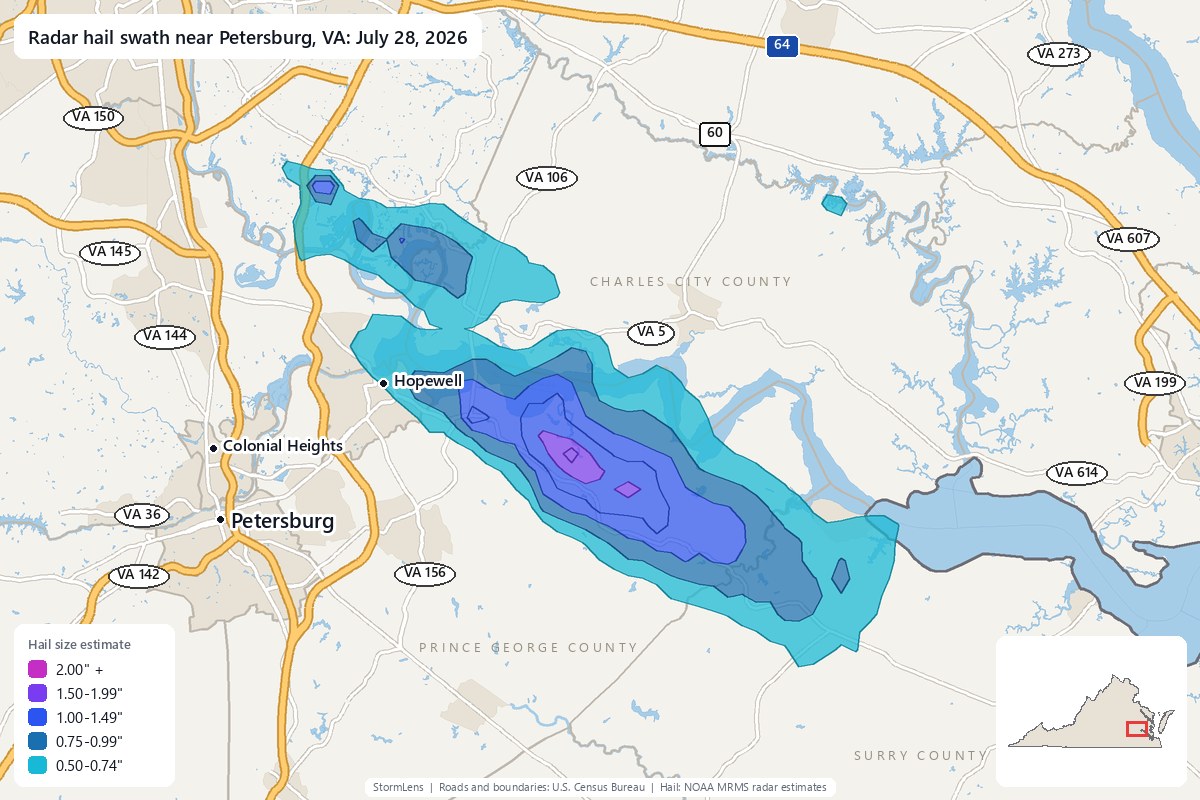 Radar-estimated hail swath near Petersburg, VA on July 28, 2026; colors show estimated hail sizes