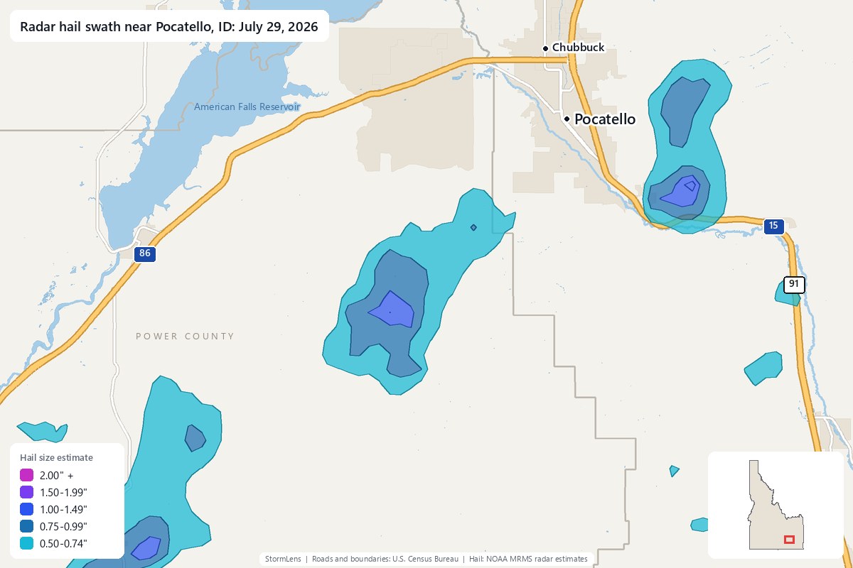 Radar-estimated hail swath near Pocatello, ID on July 29, 2026; colors show estimated hail sizes