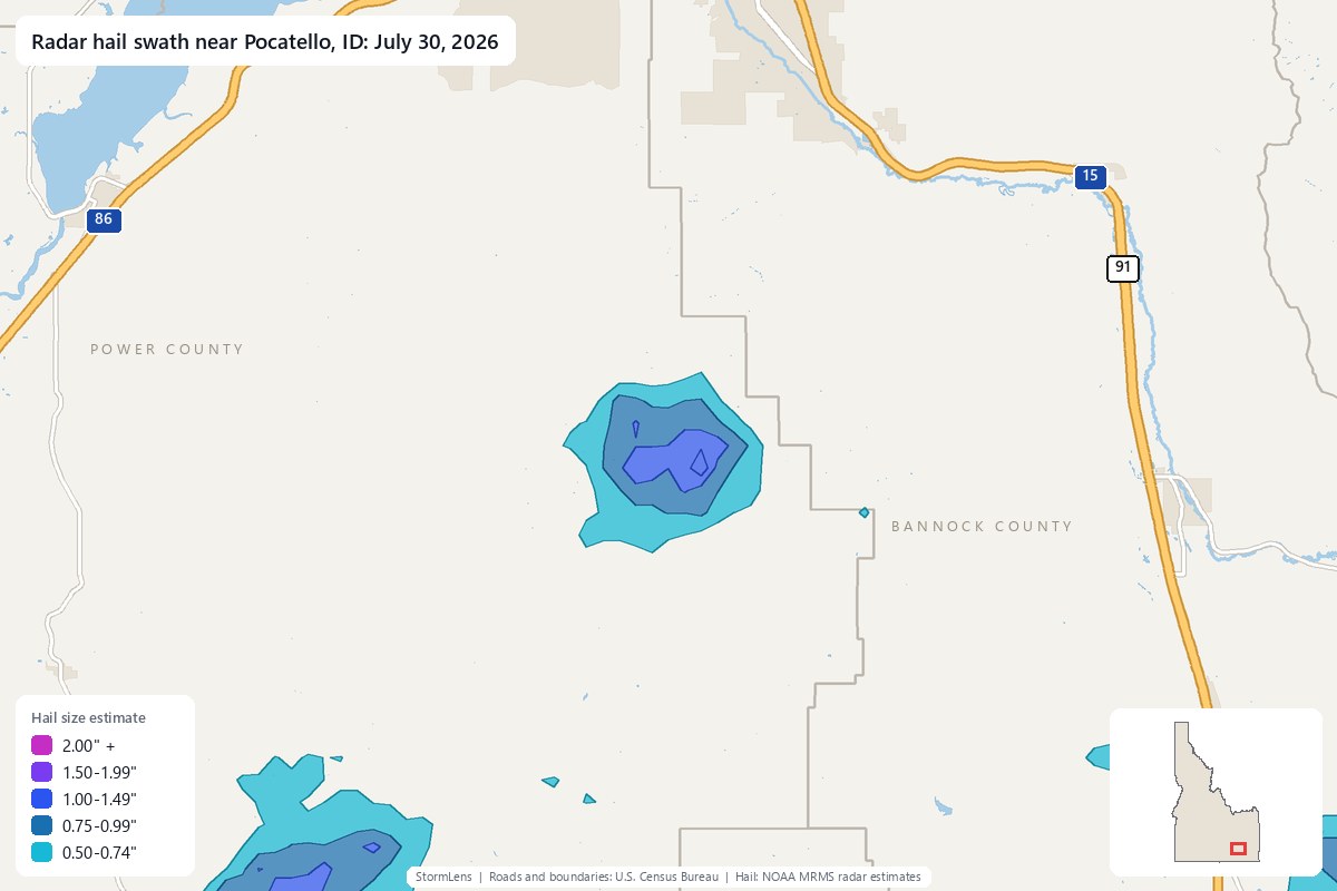 Radar-estimated hail swath near Pocatello, ID on July 30, 2026; colors show estimated hail sizes