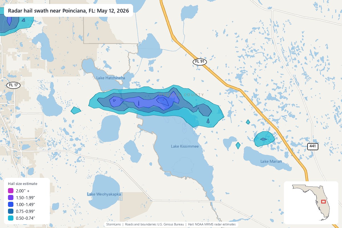Radar-estimated hail swath near Poinciana, FL on May 12, 2026; colors show estimated hail sizes