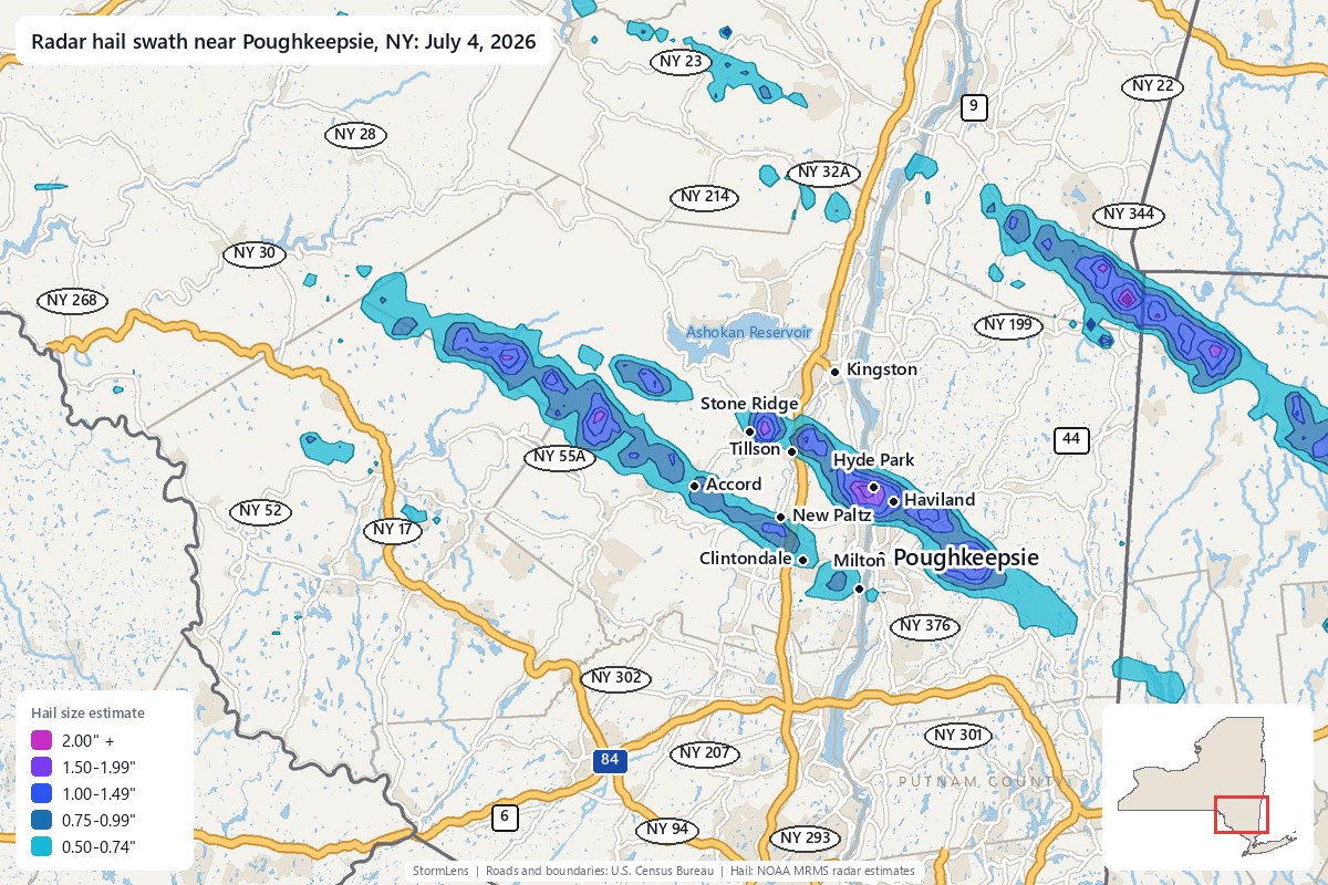 Radar-estimated hail swath near Poughkeepsie, NY on July 4, 2026; colors show estimated hail sizes