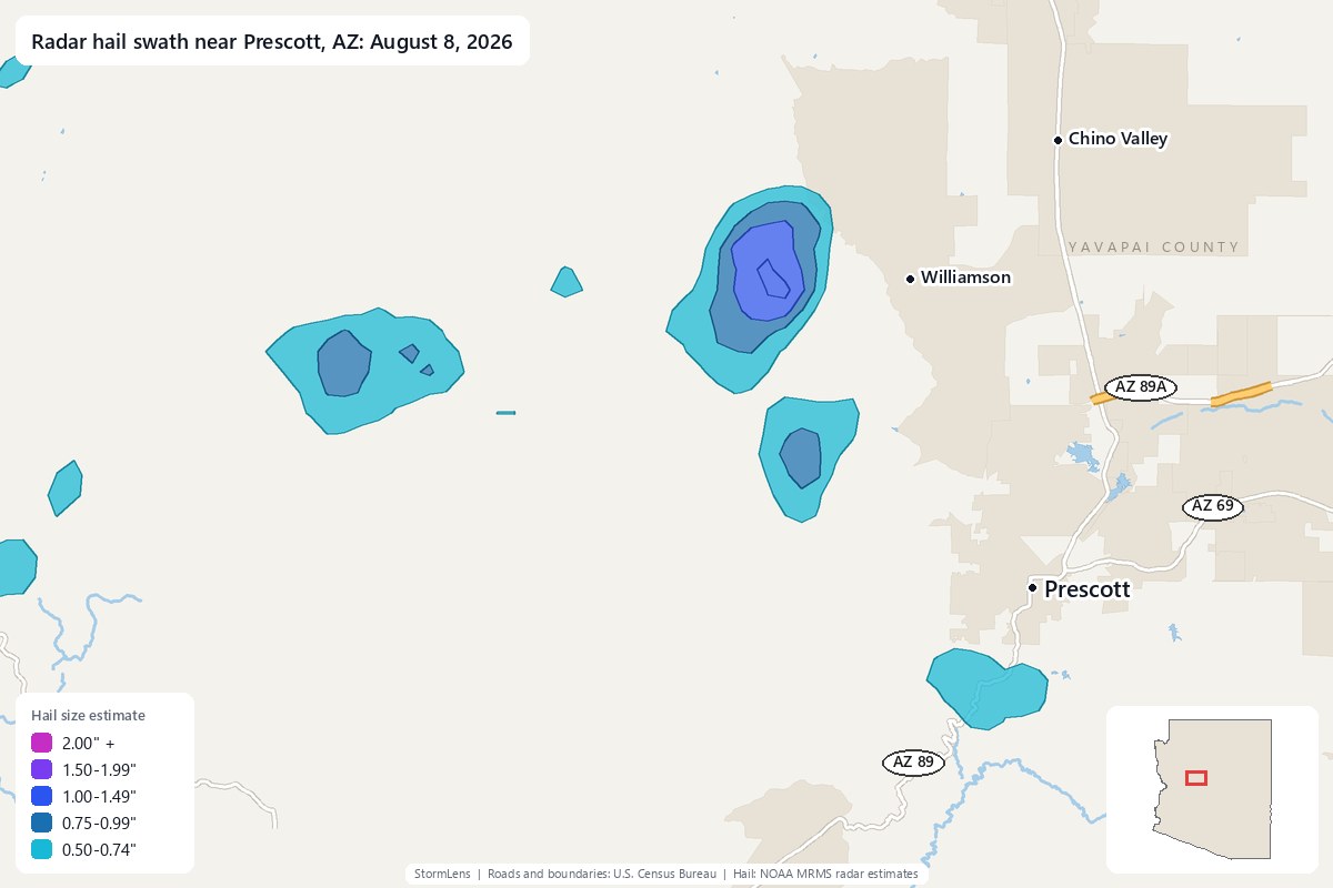 Radar-estimated hail swath near Prescott, AZ on August 8, 2026; colors show estimated hail sizes