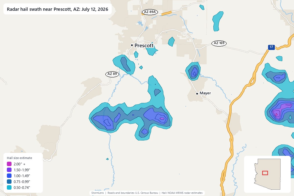 Radar-estimated hail swath near Prescott, AZ on July 12, 2026; colors show estimated hail sizes