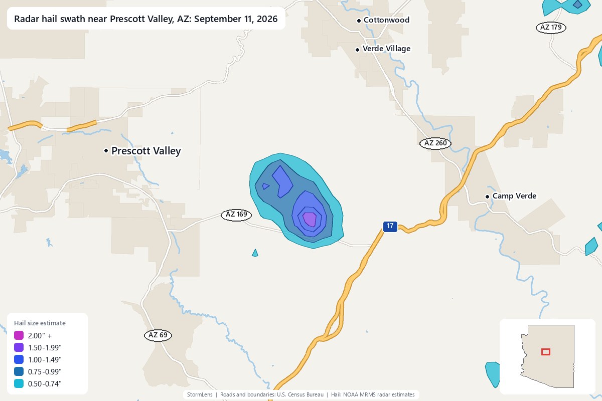 Radar-estimated hail swath near Prescott Valley, AZ on September 11, 2026; colors show estimated hail sizes
