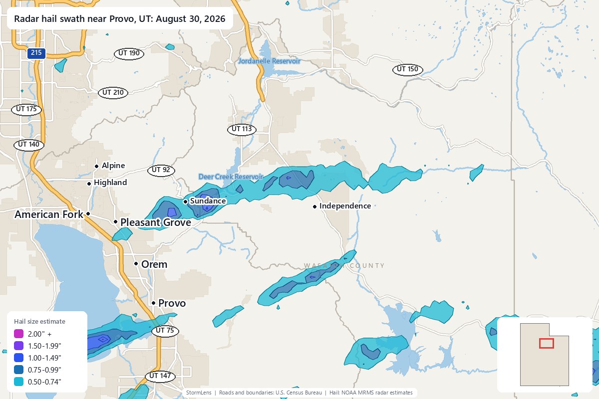 Radar-estimated hail swath near Provo, UT on August 30, 2026; colors show estimated hail sizes