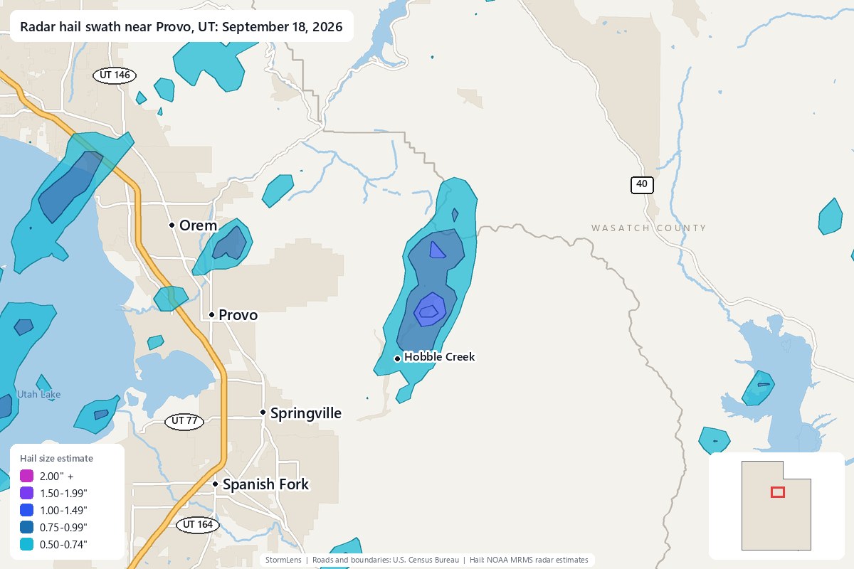 Radar-estimated hail swath near Provo, UT on September 18, 2026; colors show estimated hail sizes