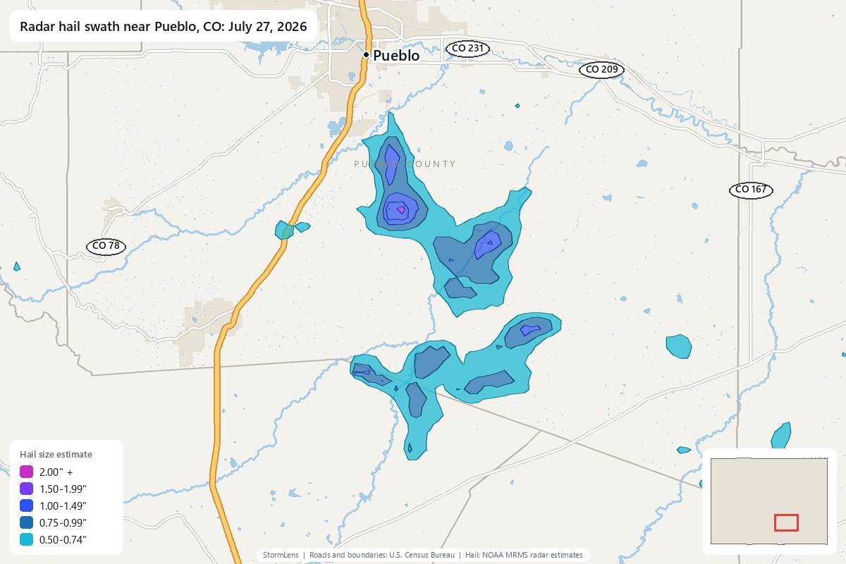Radar-estimated hail swath near Pueblo, CO on July 27, 2026; colors show estimated hail sizes