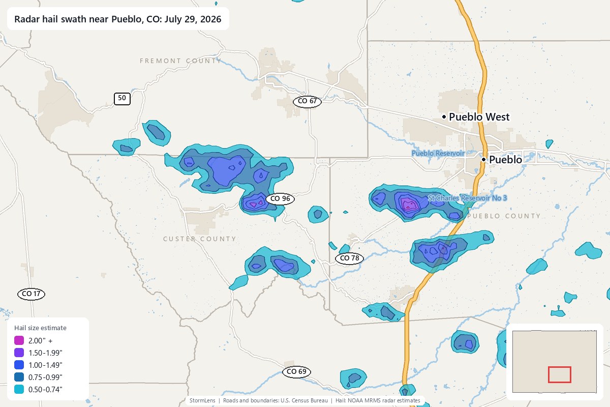 Radar-estimated hail swath near Pueblo, CO on July 29, 2026; colors show estimated hail sizes