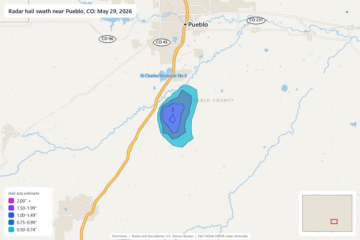 Radar-estimated hail swath near Pueblo, CO on May 29, 2026; colors show estimated hail sizes