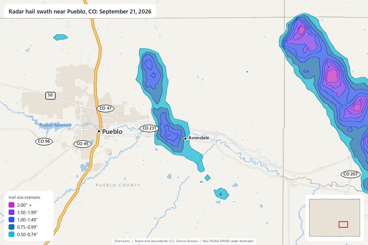 Radar-estimated hail swath near Pueblo, CO on September 21, 2026; colors show estimated hail sizes