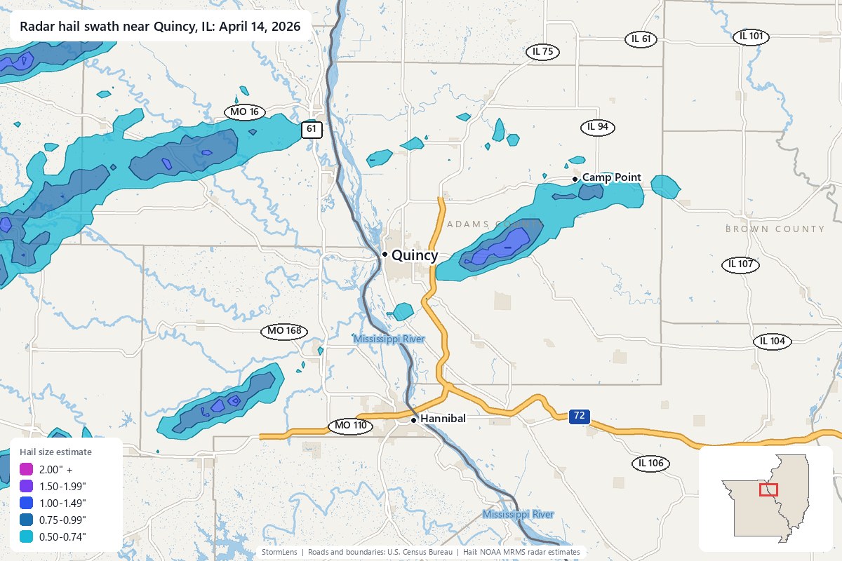Radar-estimated hail swath near Quincy, IL on April 14, 2026; colors show estimated hail sizes