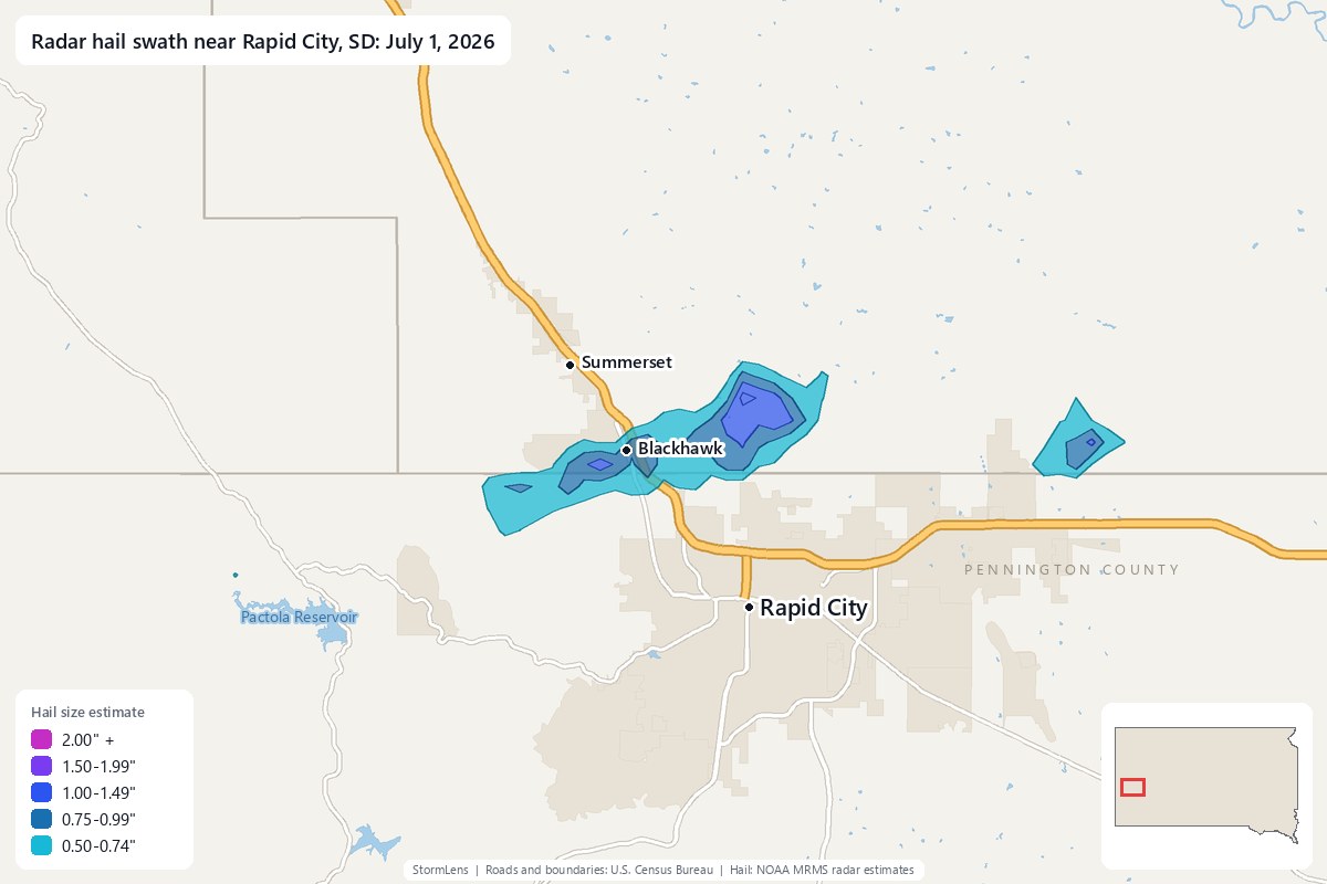 Radar-estimated hail swath near Rapid City, SD on July 1, 2026; colors show estimated hail sizes