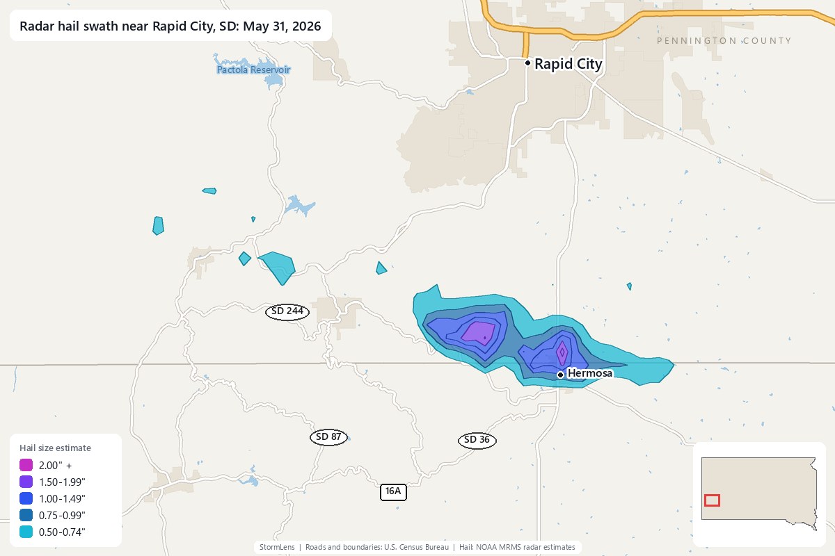 Radar-estimated hail swath near Rapid City, SD on May 31, 2026; colors show estimated hail sizes
