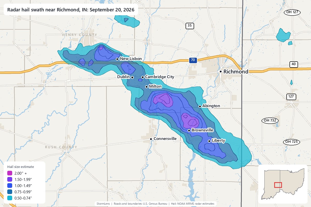 Radar-estimated hail swath near Richmond, IN on September 20, 2026; colors show estimated hail sizes