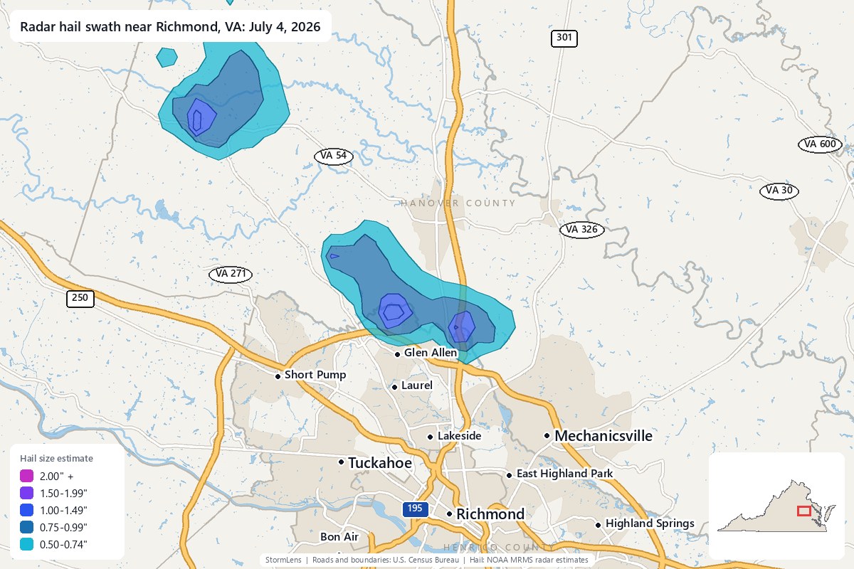 Radar-estimated hail swath near Richmond, VA on July 4, 2026; colors show estimated hail sizes