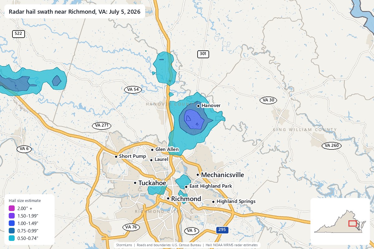 Radar-estimated hail swath near Richmond, VA on July 5, 2026; colors show estimated hail sizes