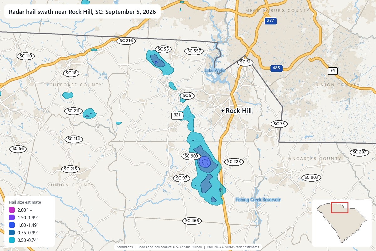 Radar-estimated hail swath near Rock Hill, SC on September 5, 2026; colors show estimated hail sizes