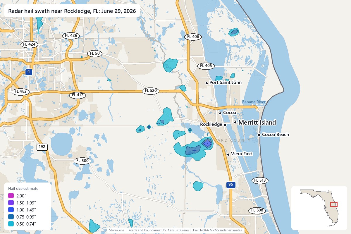Radar-estimated hail swath near Rockledge, FL on June 29, 2026; colors show estimated hail sizes