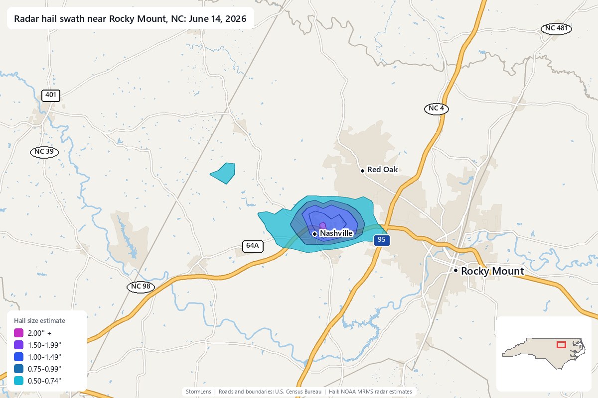Radar-estimated hail swath near Rocky Mount, NC on June 14, 2026; colors show estimated hail sizes