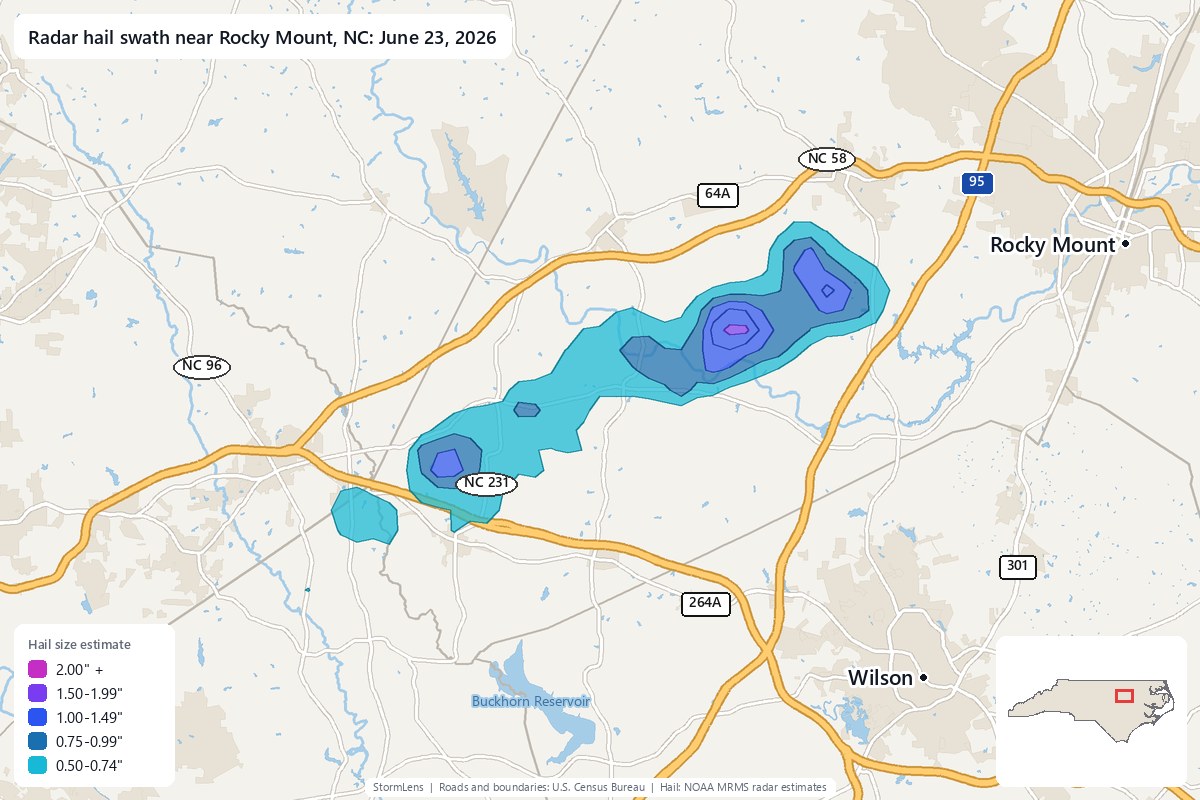 Radar-estimated hail swath near Rocky Mount, NC on June 23, 2026; colors show estimated hail sizes