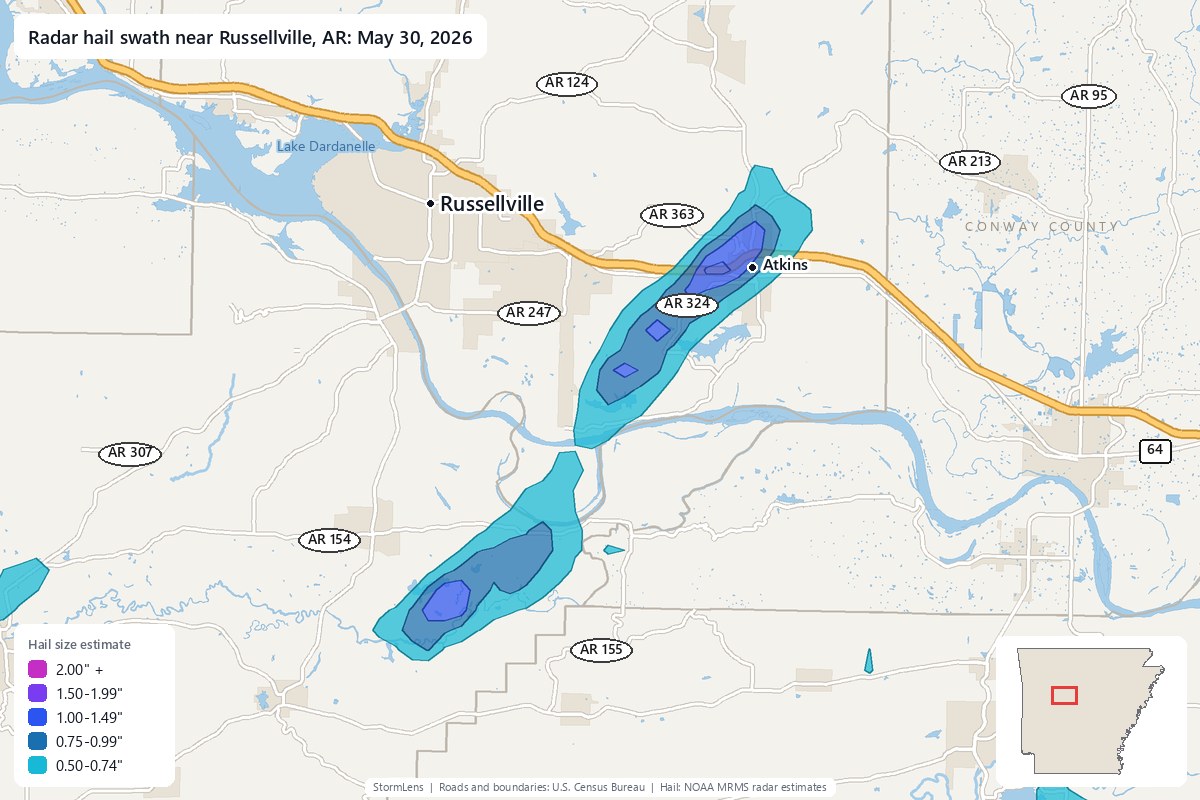 Radar-estimated hail swath near Russellville, AR on May 30, 2026; colors show estimated hail sizes