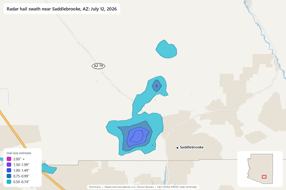Radar-estimated hail swath near Saddlebrooke, AZ on July 12, 2026; colors show estimated hail sizes