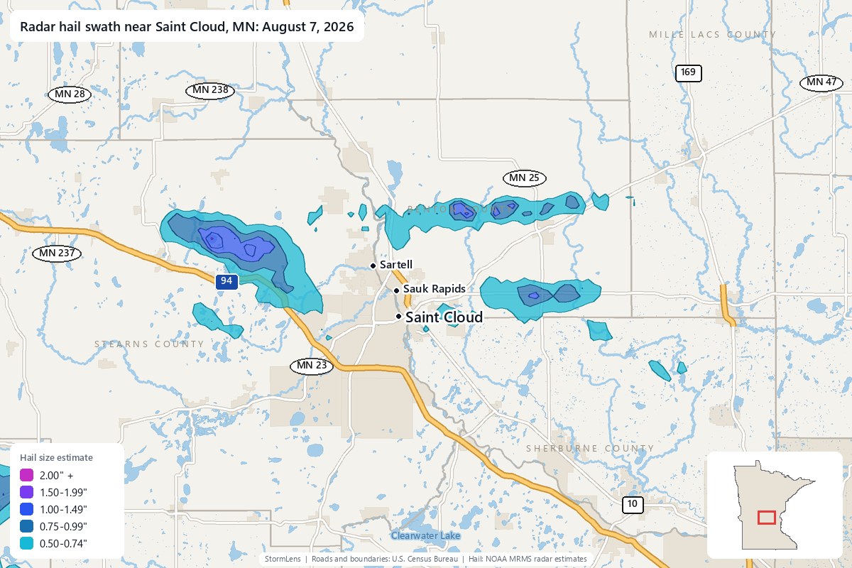 Radar-estimated hail swath near Saint Cloud, MN on August 7, 2026; colors show estimated hail sizes