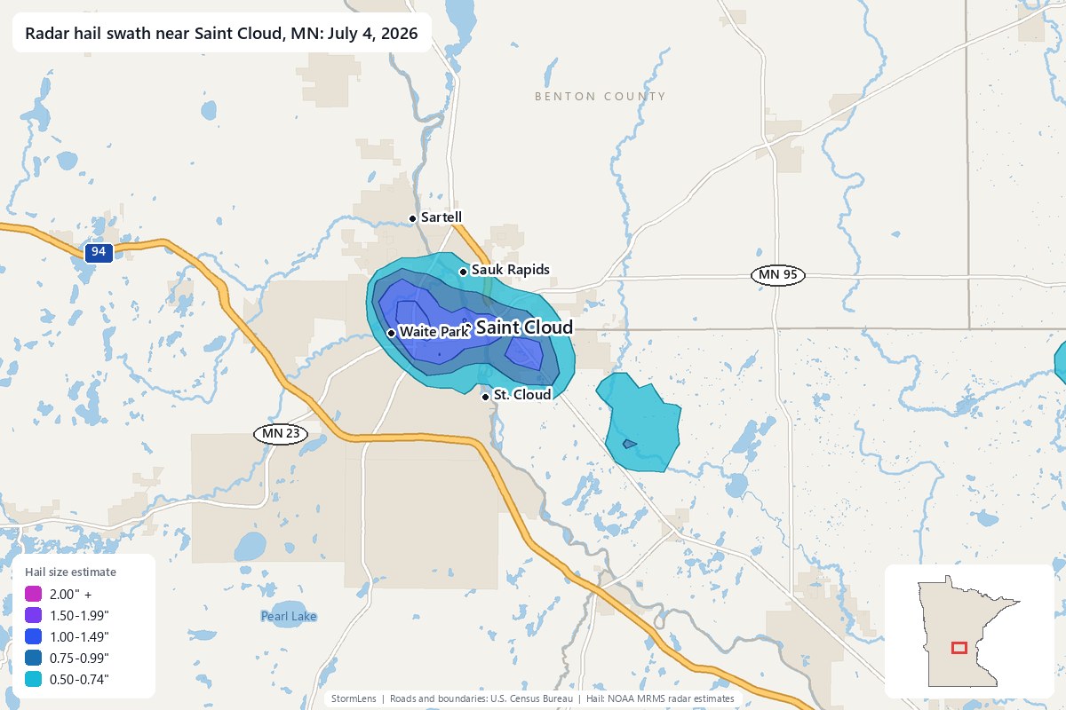 Radar-estimated hail swath near Saint Cloud, MN on July 4, 2026; colors show estimated hail sizes