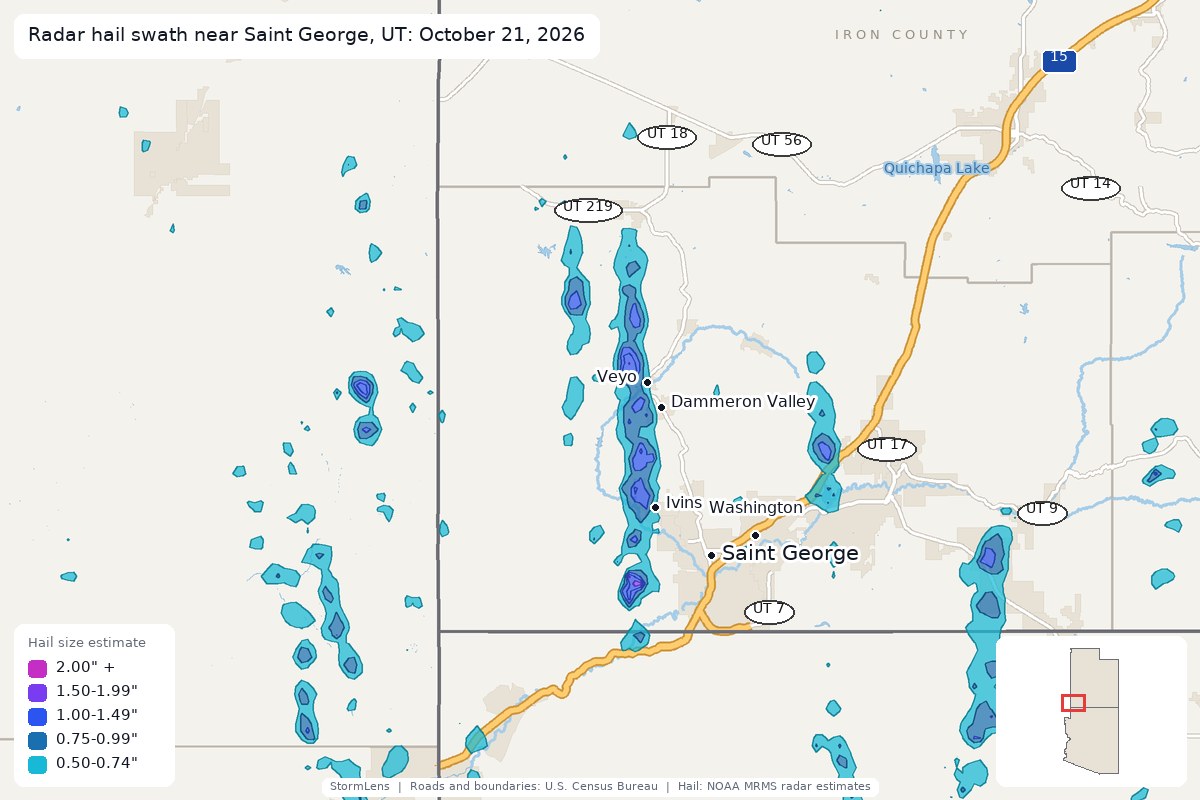 Radar-estimated hail swath near Saint George, UT on October 21, 2026; colors show estimated hail sizes