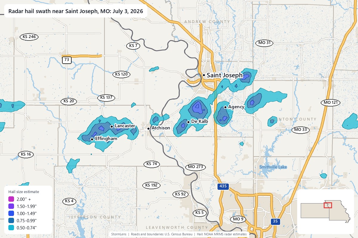 Radar-estimated hail swath near Saint Joseph, MO on July 3, 2026; colors show estimated hail sizes