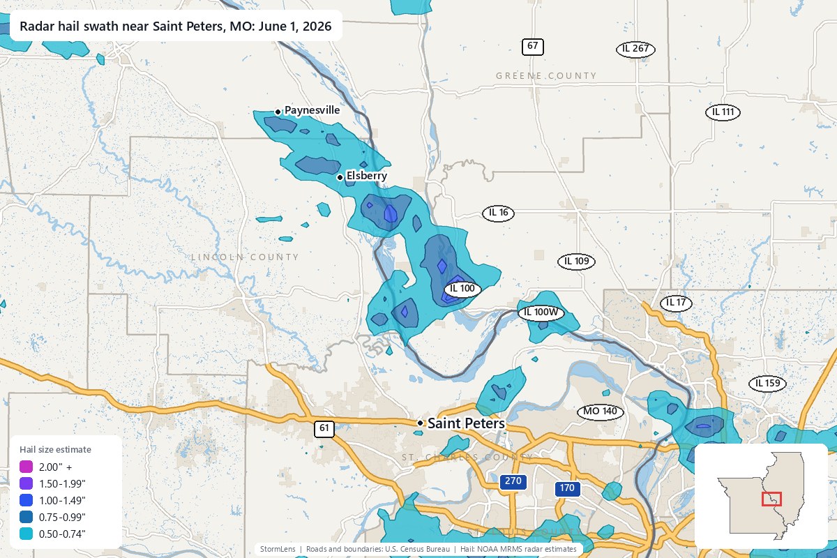 Radar-estimated hail swath near Saint Peters, MO on June 1, 2026; colors show estimated hail sizes