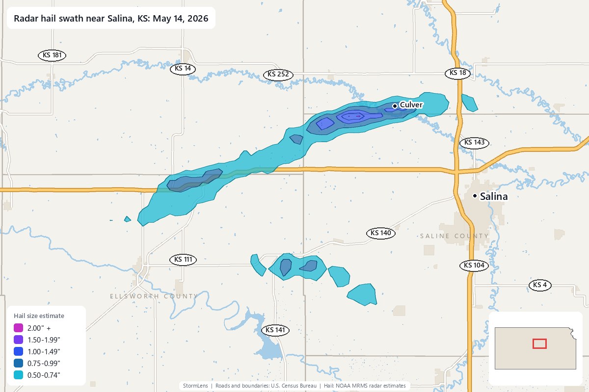 Radar-estimated hail swath near Salina, KS on May 14, 2026; colors show estimated hail sizes