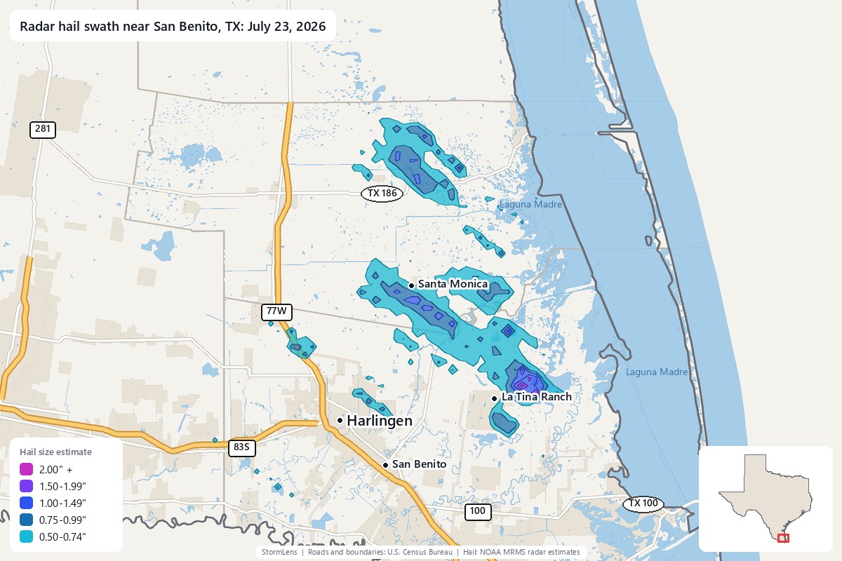 Radar-estimated hail swath near San Benito, TX on July 23, 2026; colors show estimated hail sizes