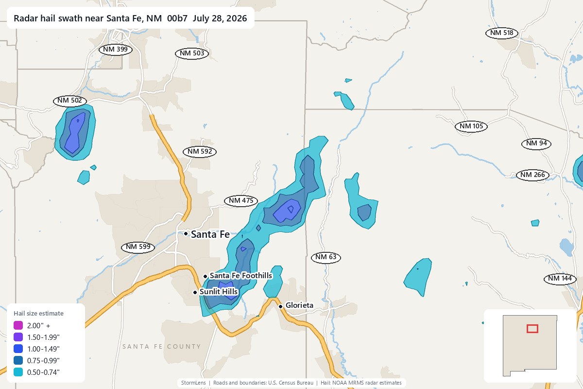 Radar-estimated hail swath near Santa Fe, NM on July 28, 2026; colors show estimated hail sizes