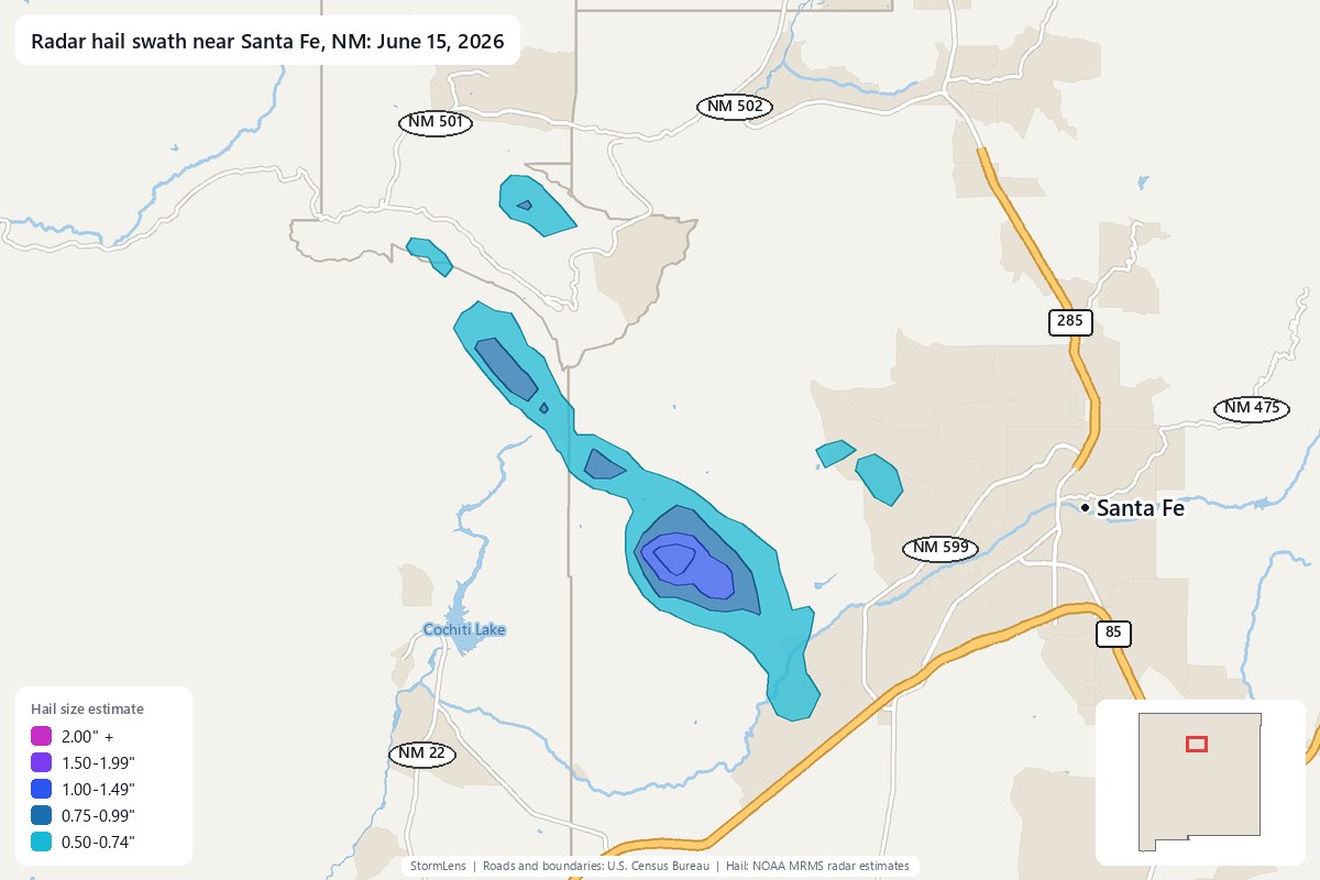 Radar-estimated hail swath near Santa Fe, NM on June 15, 2026; colors show estimated hail sizes