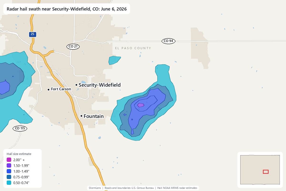 Radar-estimated hail swath near Security-Widefield, CO on June 6, 2026; colors show estimated hail sizes