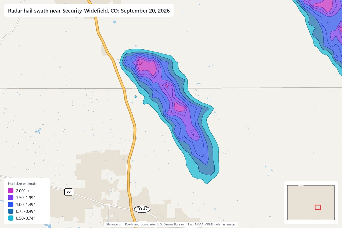 Radar-estimated hail swath near Security-Widefield, CO on September 20, 2026; colors show estimated hail sizes