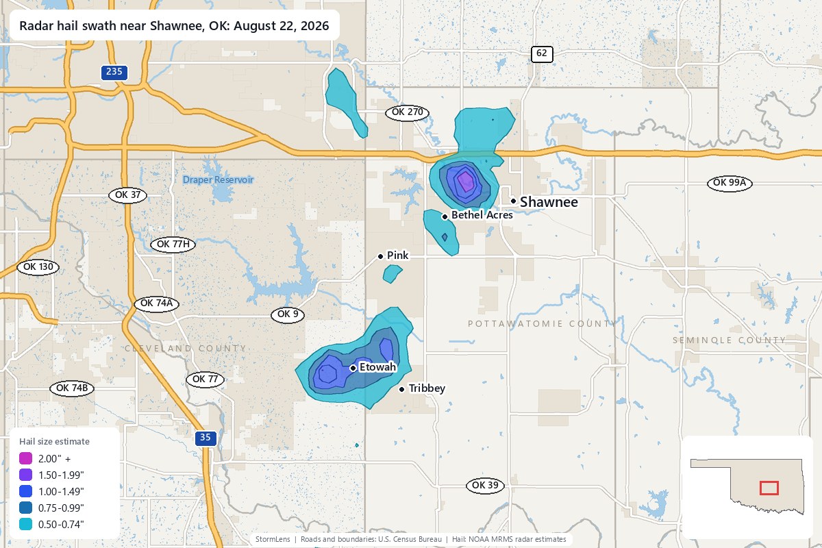 Radar-estimated hail swath near Shawnee, OK on August 22, 2026; colors show estimated hail sizes