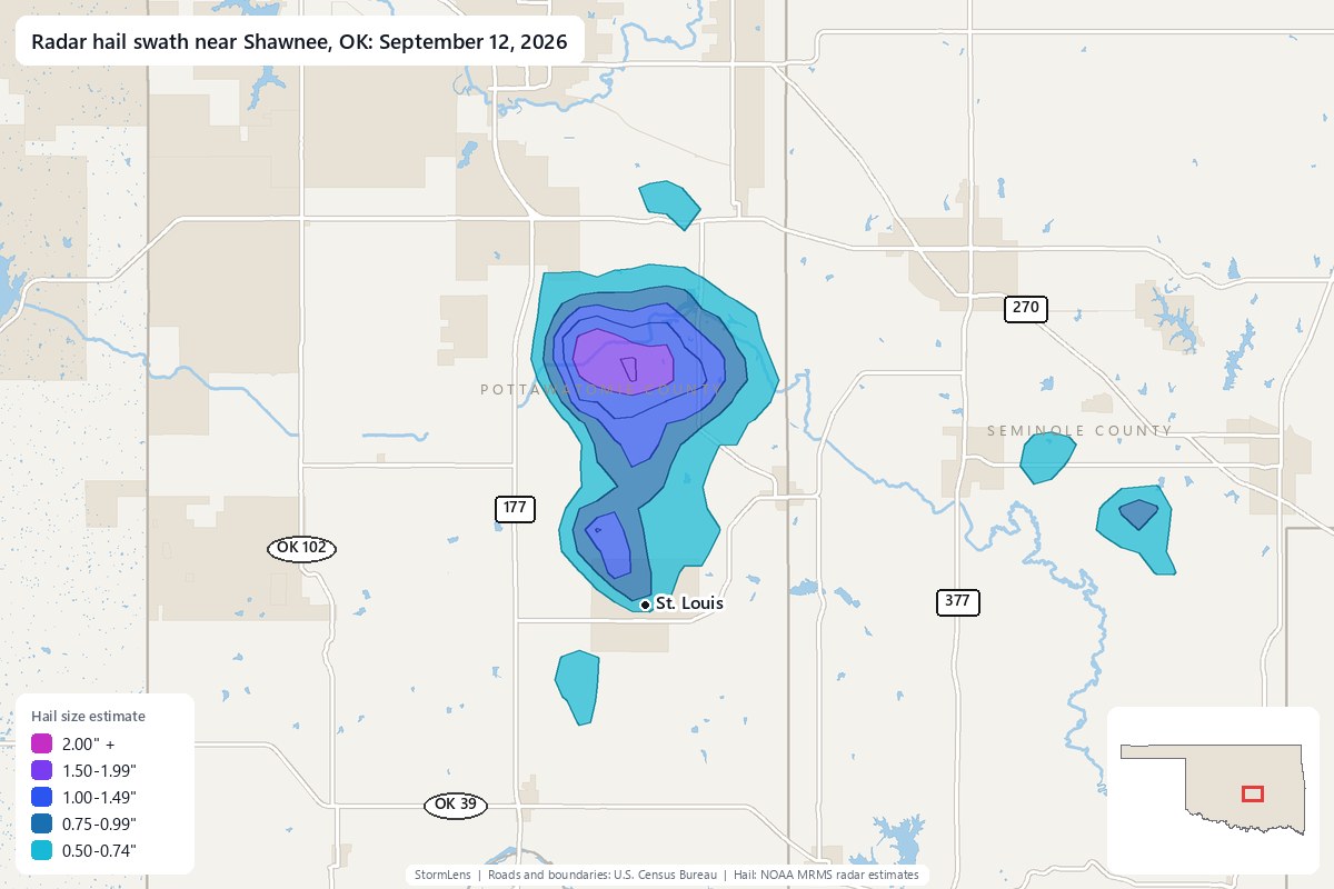 Radar-estimated hail swath near Shawnee, OK on September 12, 2026; colors show estimated hail sizes