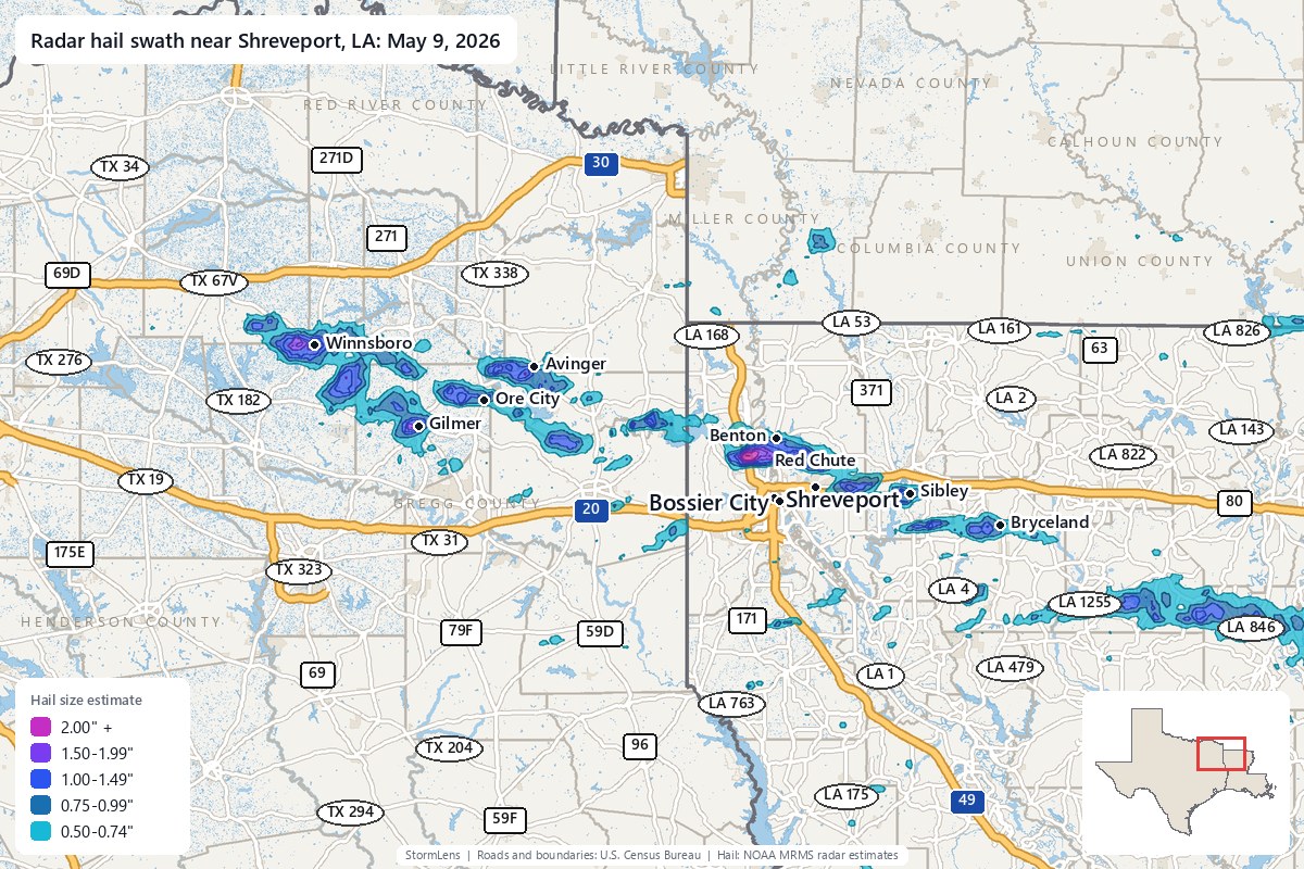 Radar-estimated hail swath near Shreveport, LA on May 9, 2026; colors show estimated hail sizes