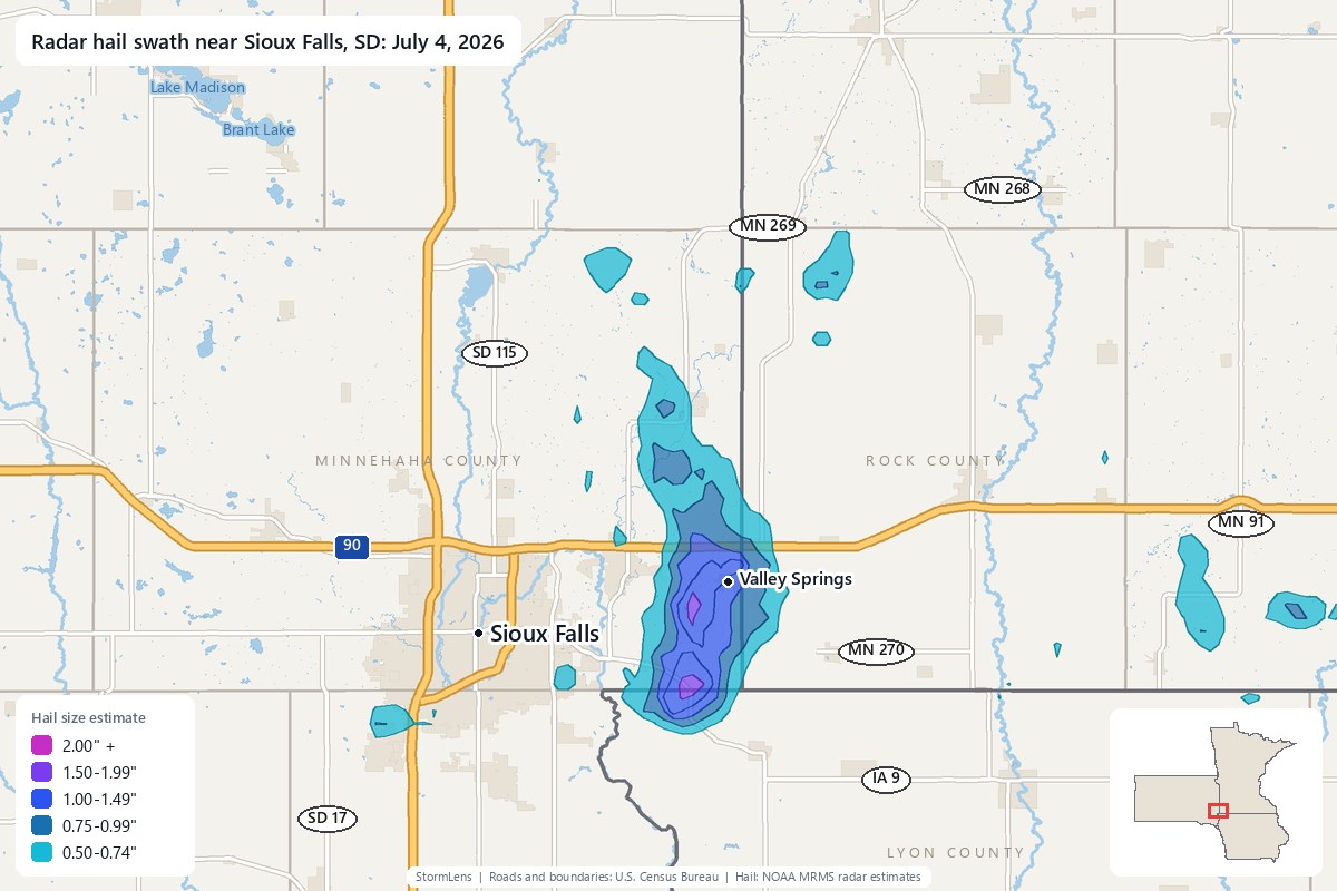Radar-estimated hail swath near Sioux Falls, SD on July 4, 2026; colors show estimated hail sizes
