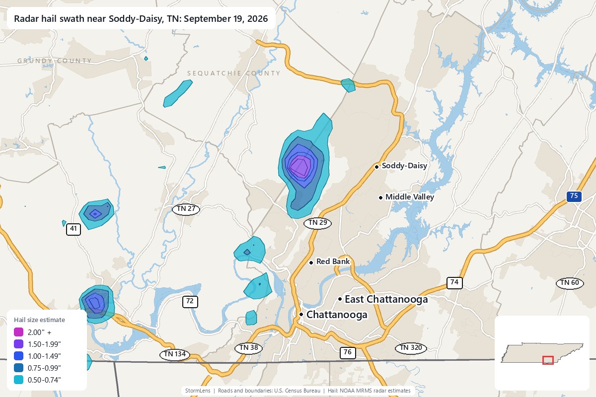 Radar-estimated hail swath near Soddy-Daisy, TN on September 19, 2026; colors show estimated hail sizes